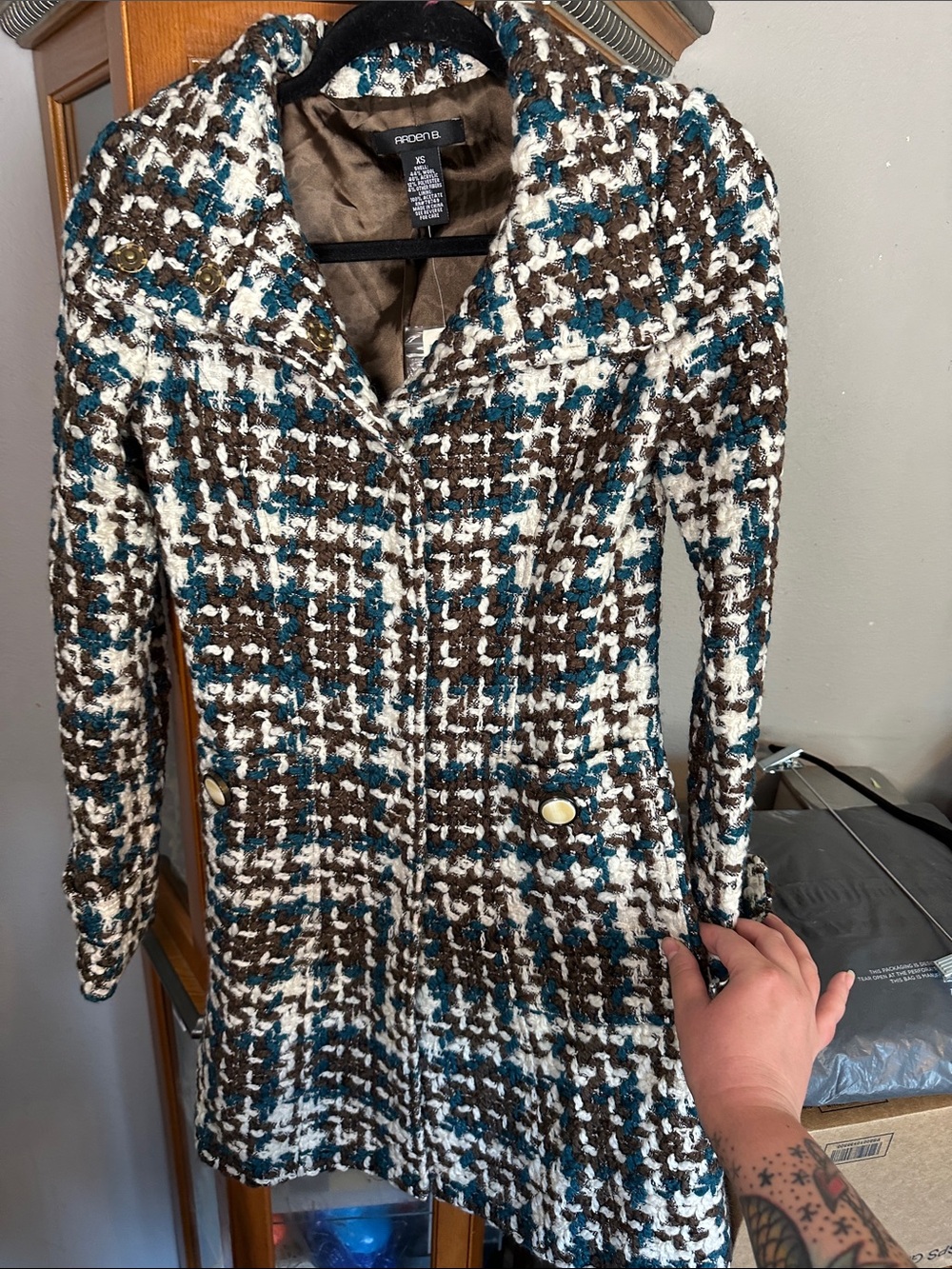 Arden B Brown White Teal Tweed Coat